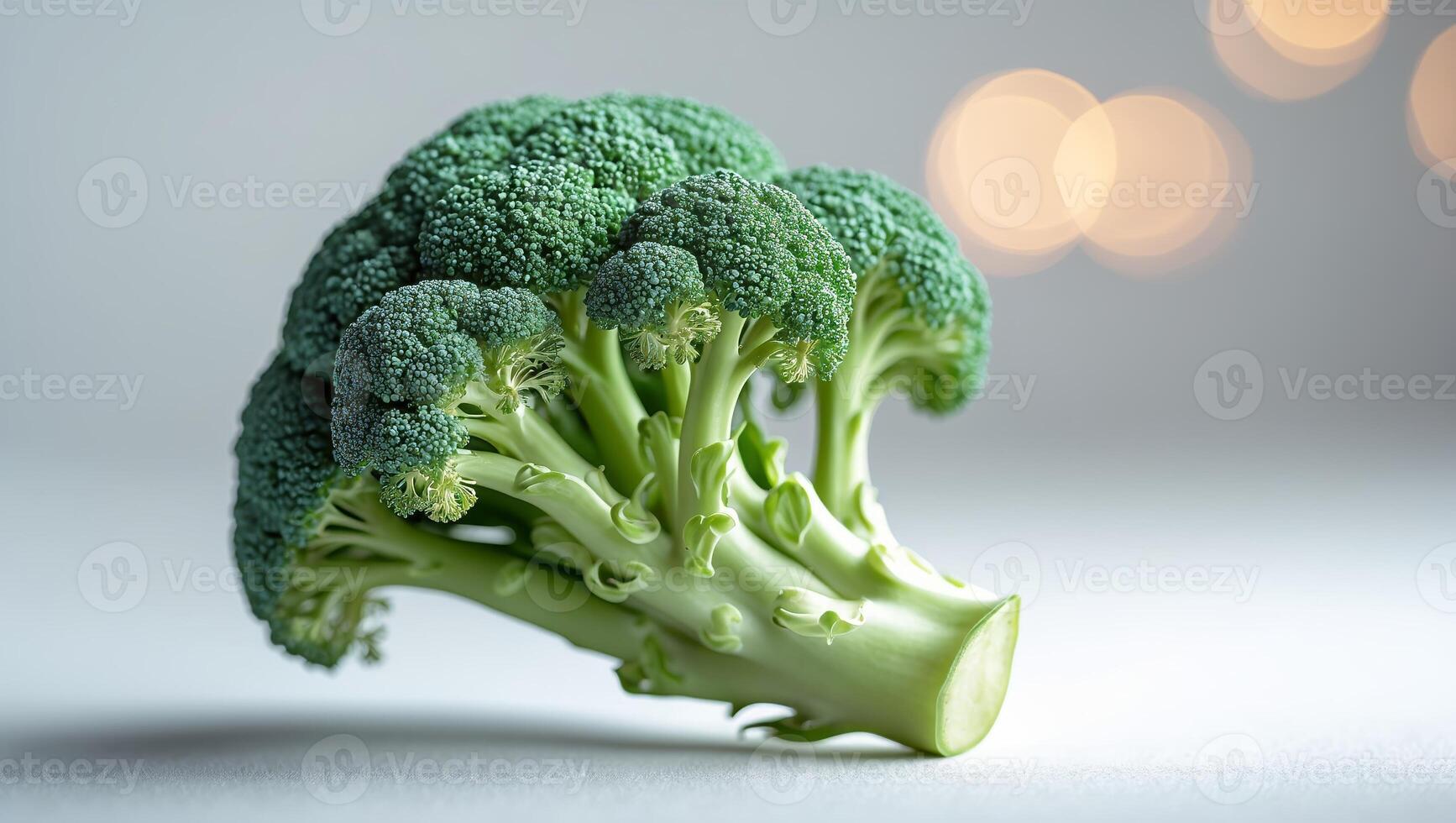 Fresh broccoli placed on a light gray surface with blurred lights in the background during a calm afternoon photo