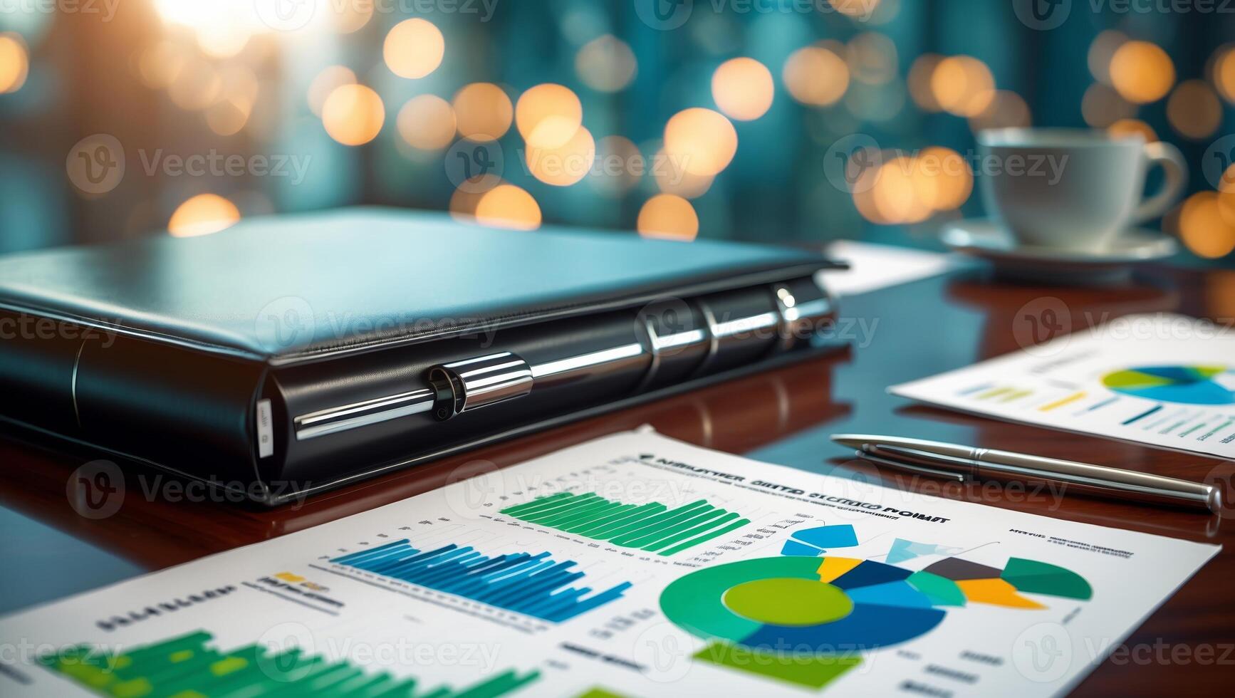 Business meeting with charts and graphs on wooden table in modern office during evening photo