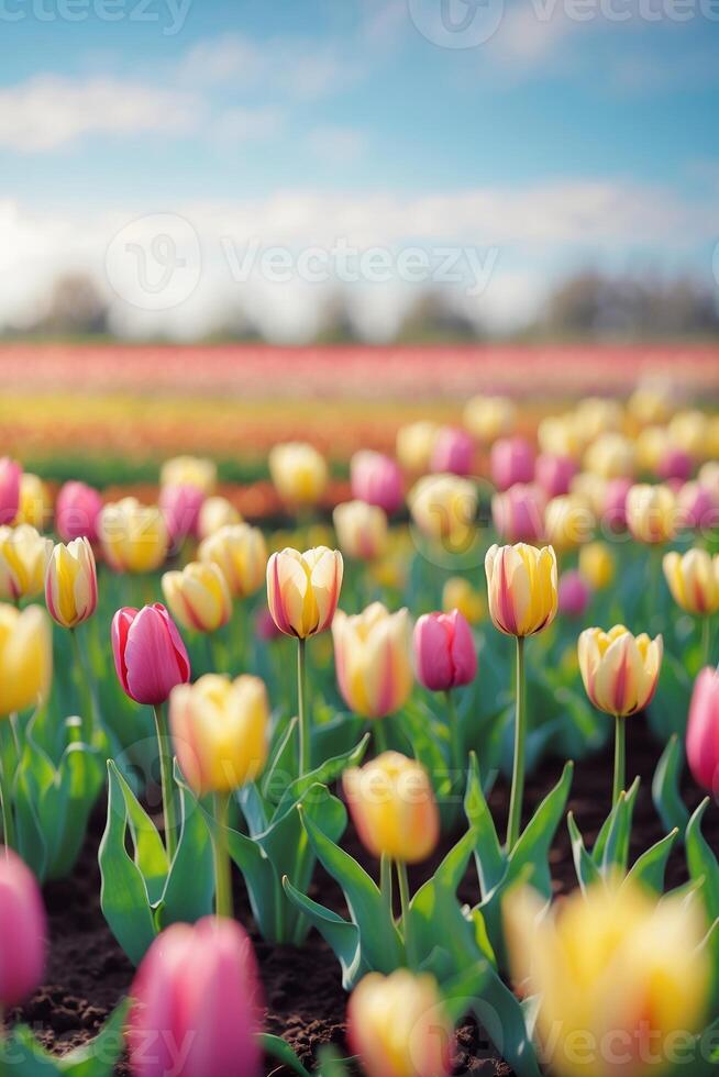 Vibrant tulip field in full bloom during spring showcasing a variety of colors under a clear sky photo