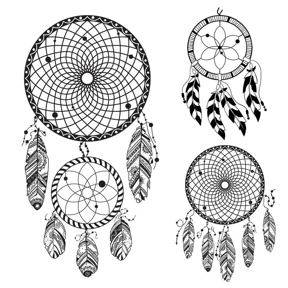 Intricate dream catchers with feathers and circular designs in various sizes vector