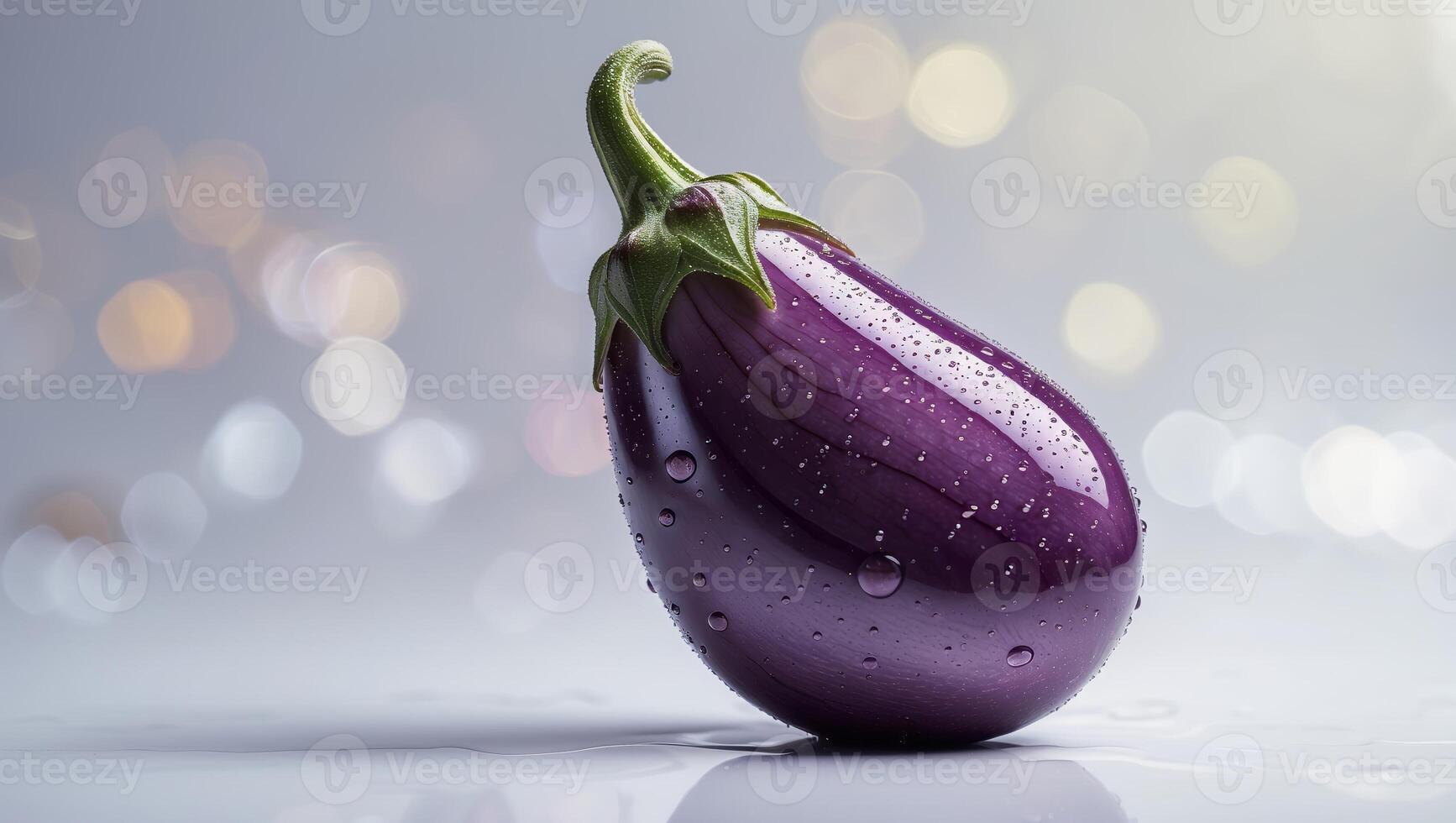 Freshly washed eggplant glistening with water droplets on a smooth surface in soft light photo