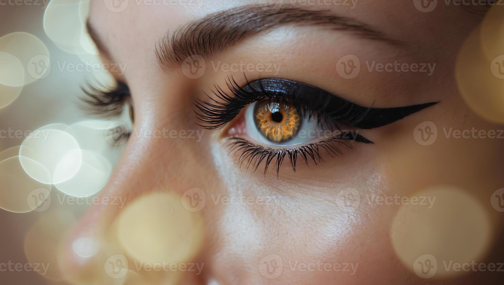 Captivating close-up of a model's eye featuring bold eyeliner and striking amber iris against a soft bokeh background photo
