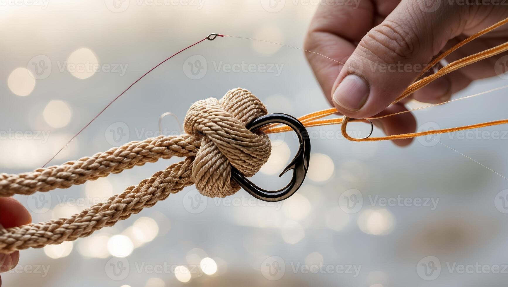 Skilled hands tie a secure knot using rope and a ring under natural sunlight by the water's edge photo