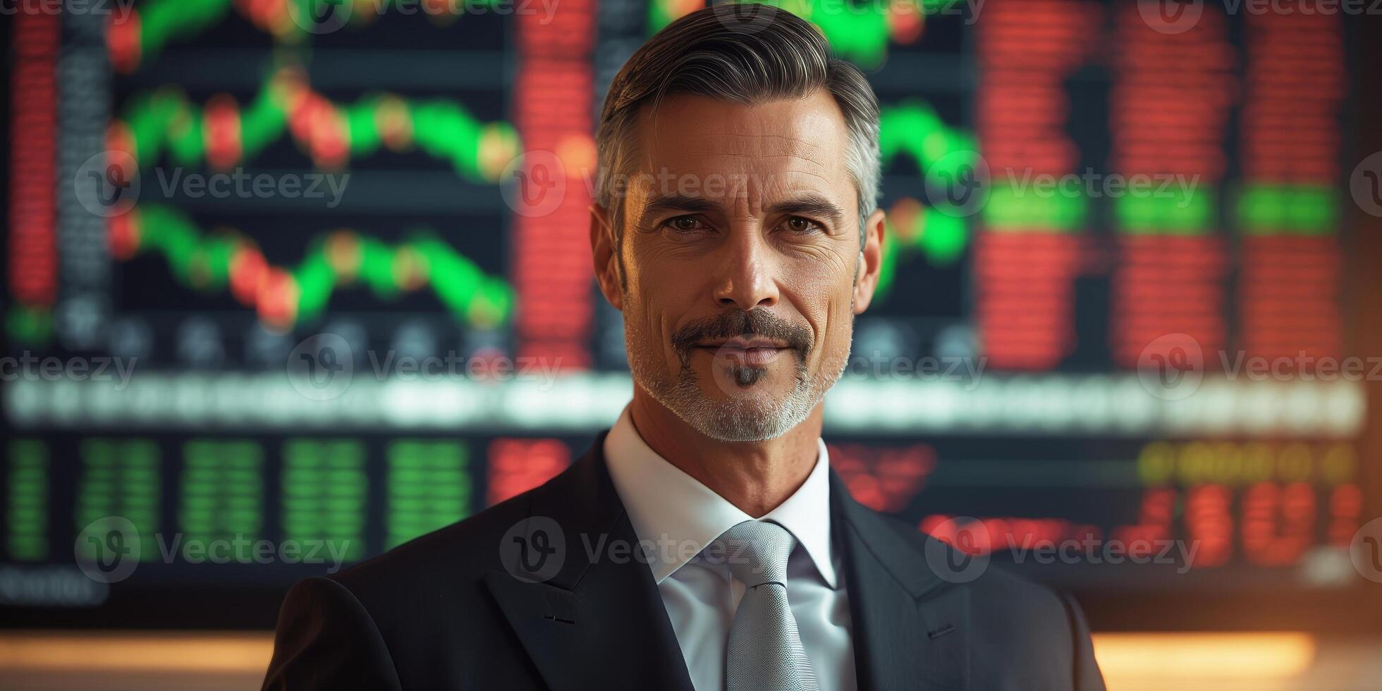 Confident businessman stands before stock market data display in a modern office setting during working hours photo