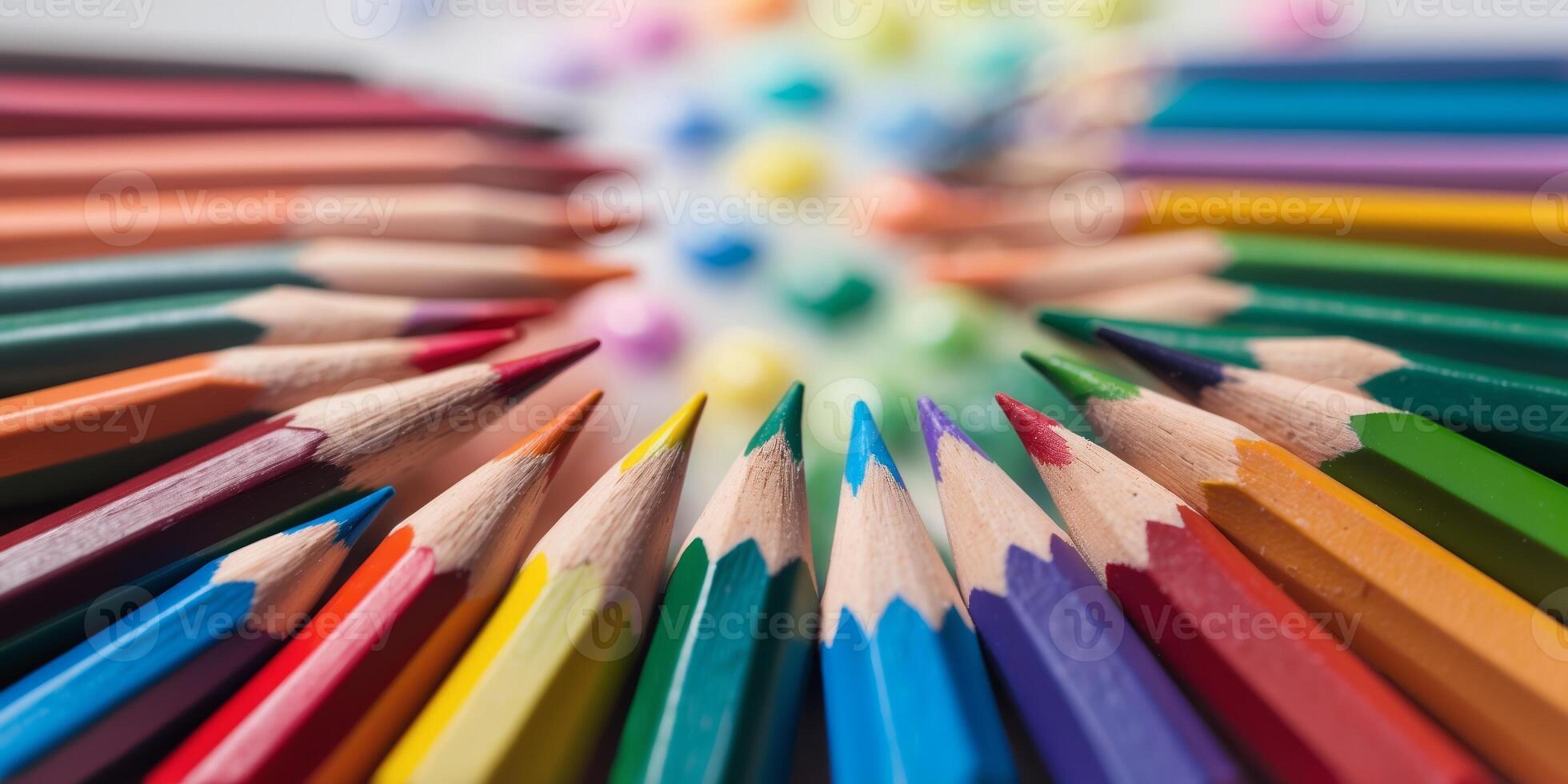 Colorful collection of sharpened pencils arranged in a circular pattern on a textured surface photo