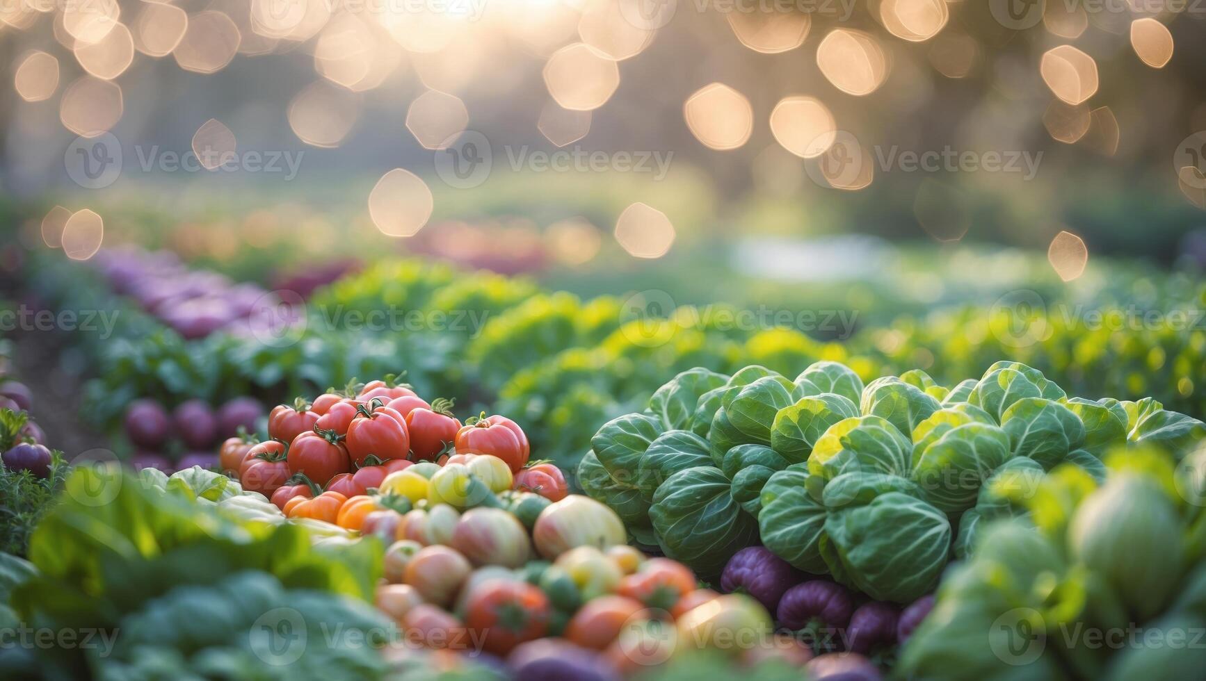 Vibrant vegetable market at sunrise with fresh produce displayed beautifully photo
