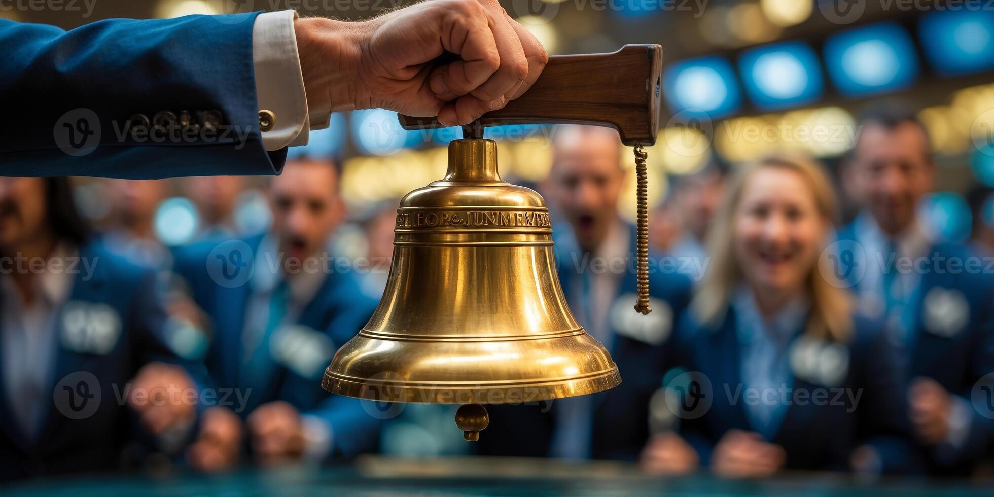 Stock market opening bell is rung by a trader in a bustling financial exchange during business hours photo