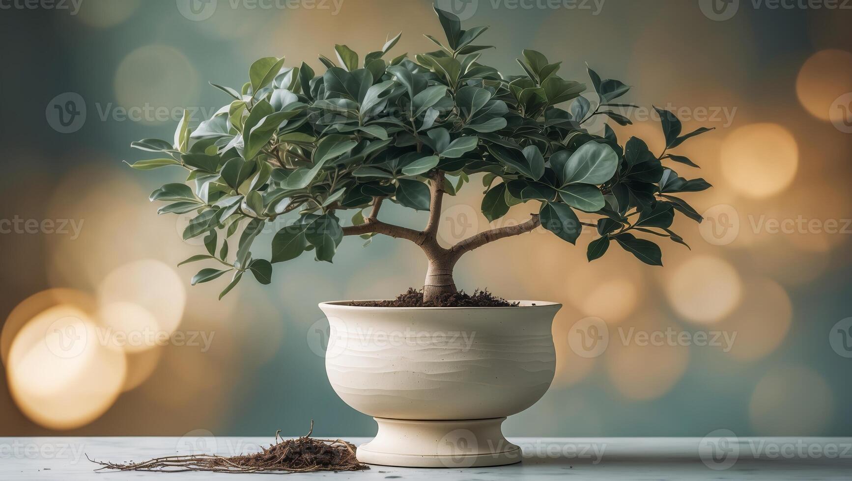 Decorative bonsai tree in a textured pot with blurred background and soft lighting enhancing its beauty and tranquility photo
