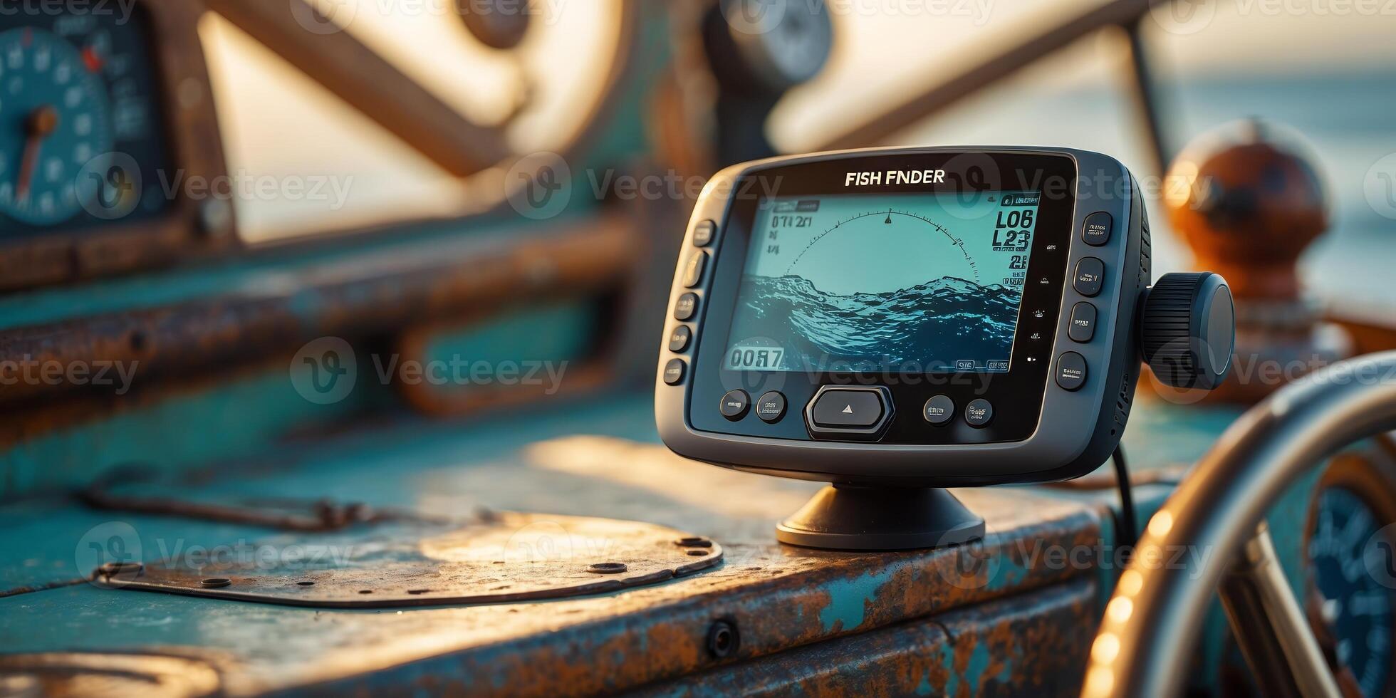 Advanced fish finder displayed on a weathered boat dashboard during sunset near the coastline photo