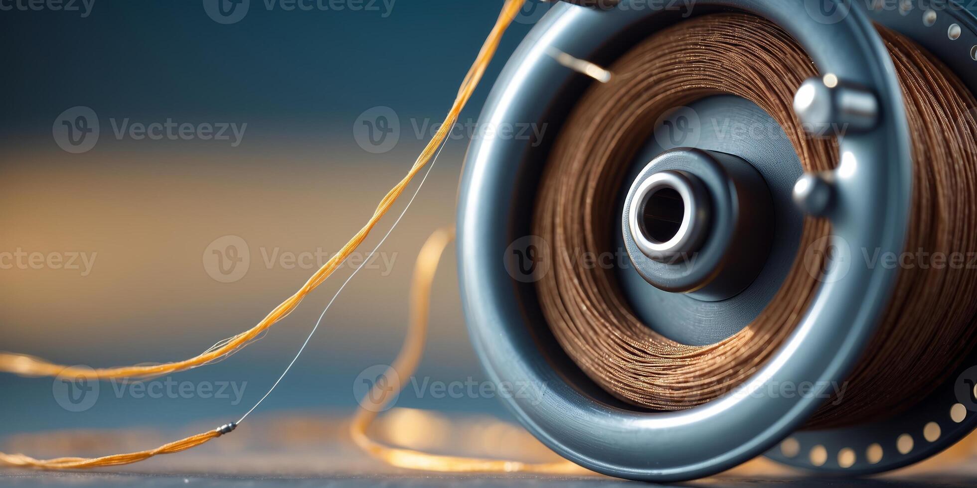 Detailed close-up of a fishing reel with brown line ready for use in a serene environment photo