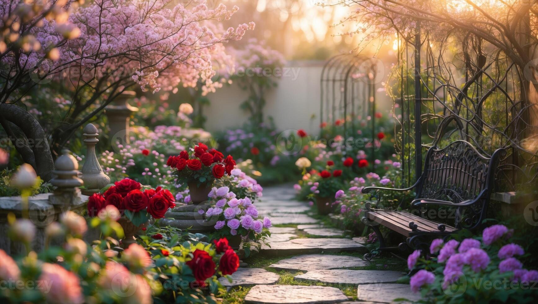 Vibrant flower garden at sunset with blooming roses, hydrangeas, and a rustic bench photo