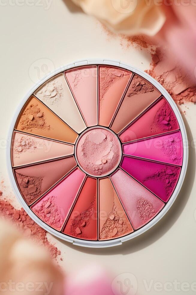 Colorful blush palette arranged artistically with vibrant shades and soft texture scattered around photo
