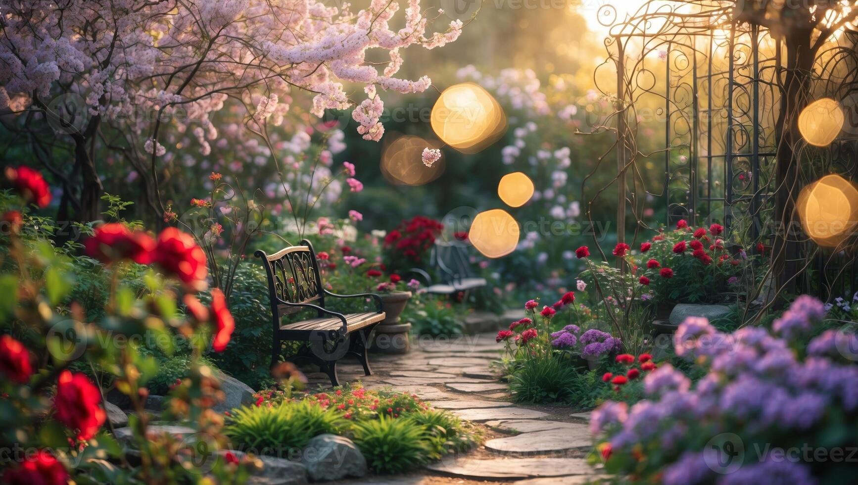 Blossoms and pathways create a tranquil garden at sunset filled with vibrant flowers and inviting seating photo