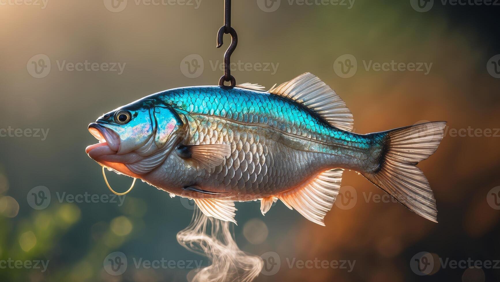 Colorful fish hanging on a hook after successful fishing trip at dawn in a serene lakeside location photo