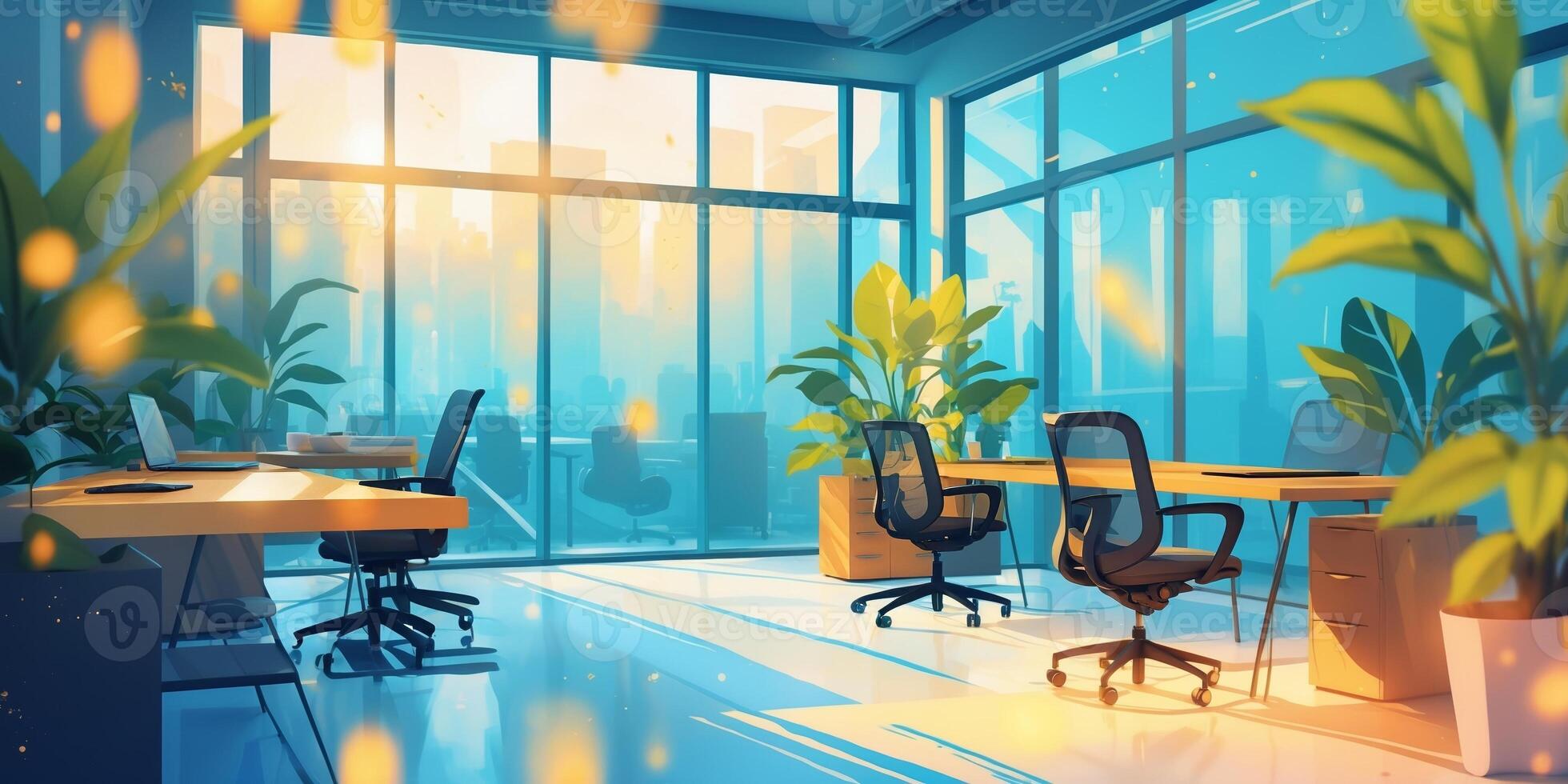 Bright and modern office interior with plants and city skyline view during morning light photo