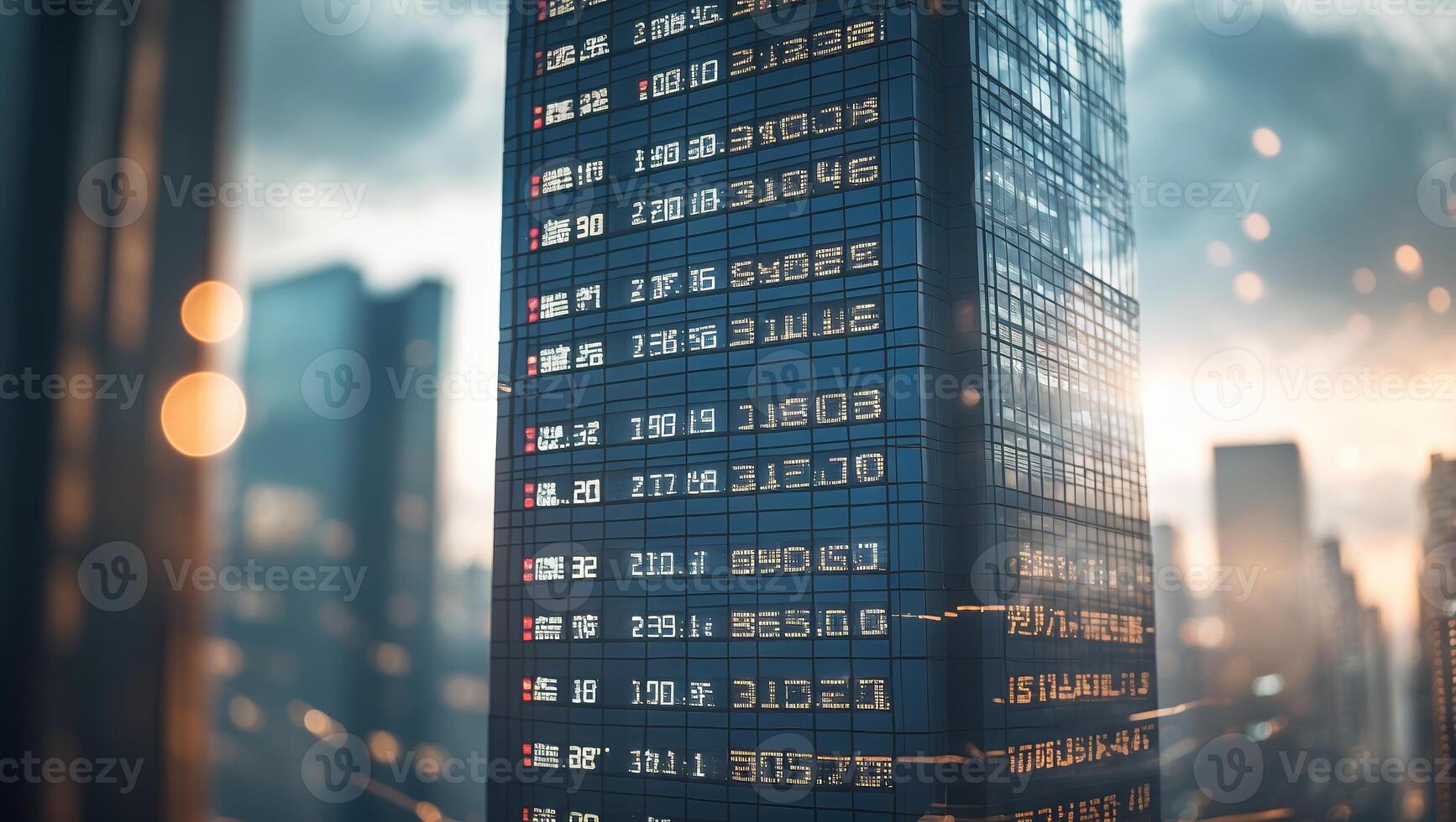 Trading information displays on the exterior of a modern financial skyscraper in an urban setting during twilight photo