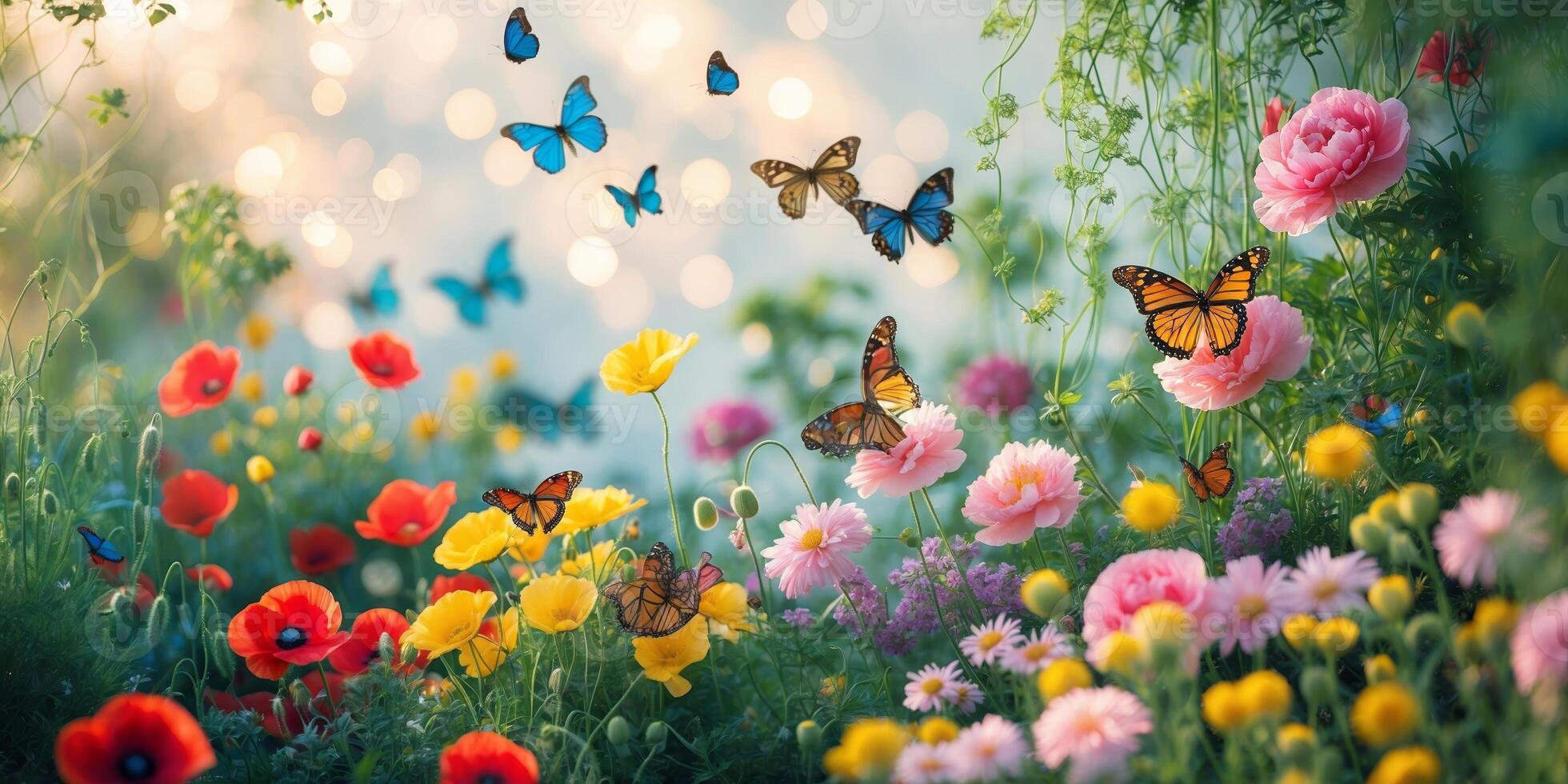 Colorful garden filled with butterflies and blooming flowers during sunny spring afternoon photo
