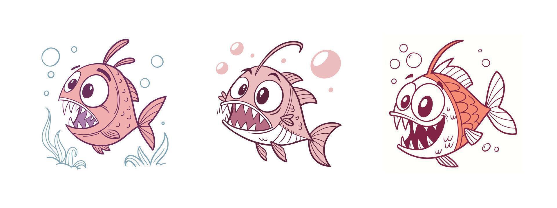 Set of different color exotic fish with big eyes cartoon character vector