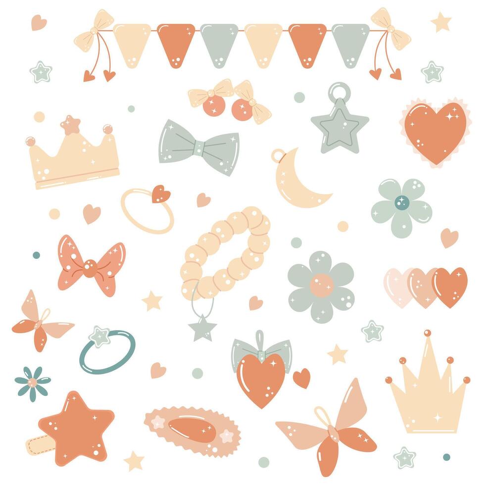 A set of delicate sparkling jewelry and accessories for girls vector