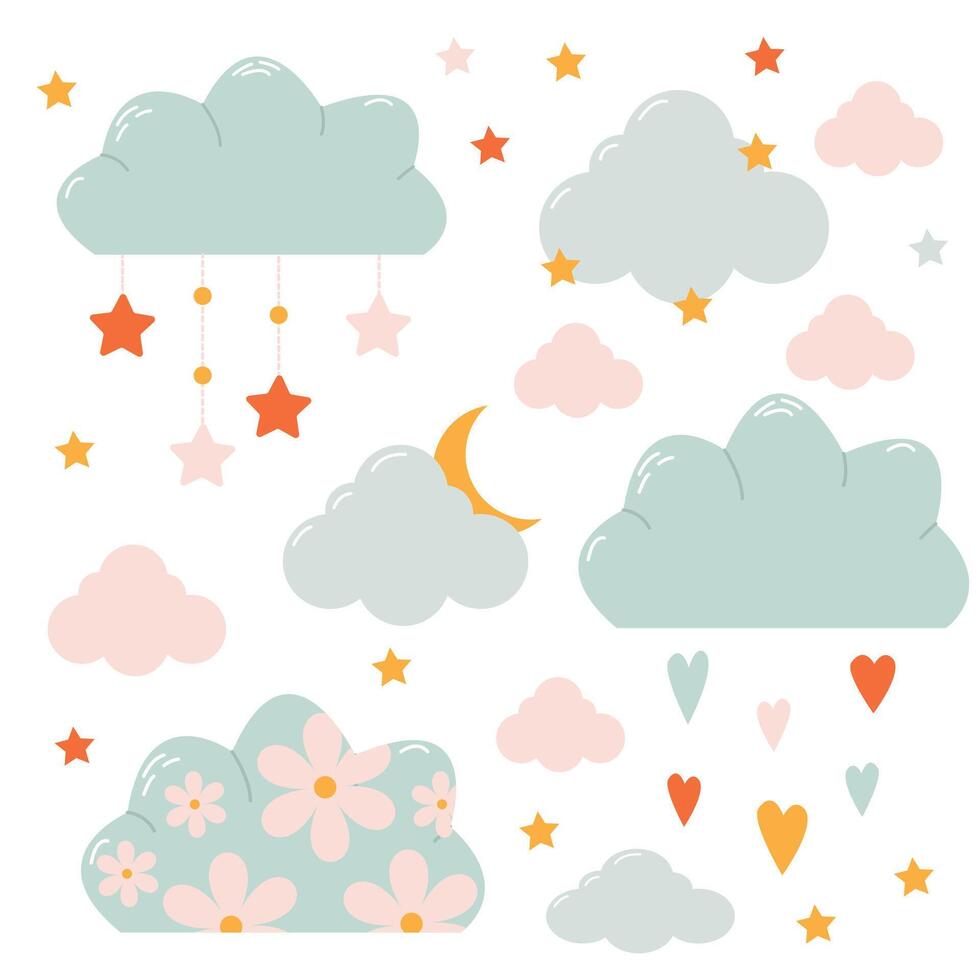 Set of light spring clouds with flowers, hearts and stars in the sky vector