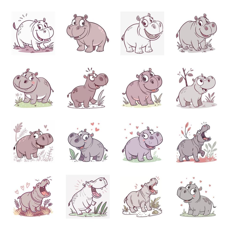 Set of cute hippopotamus with different expressions vector