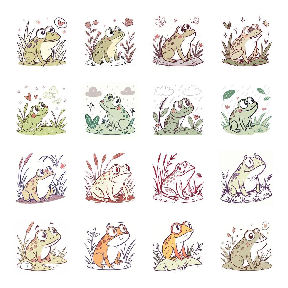 Set of cute frog with different expressions vector