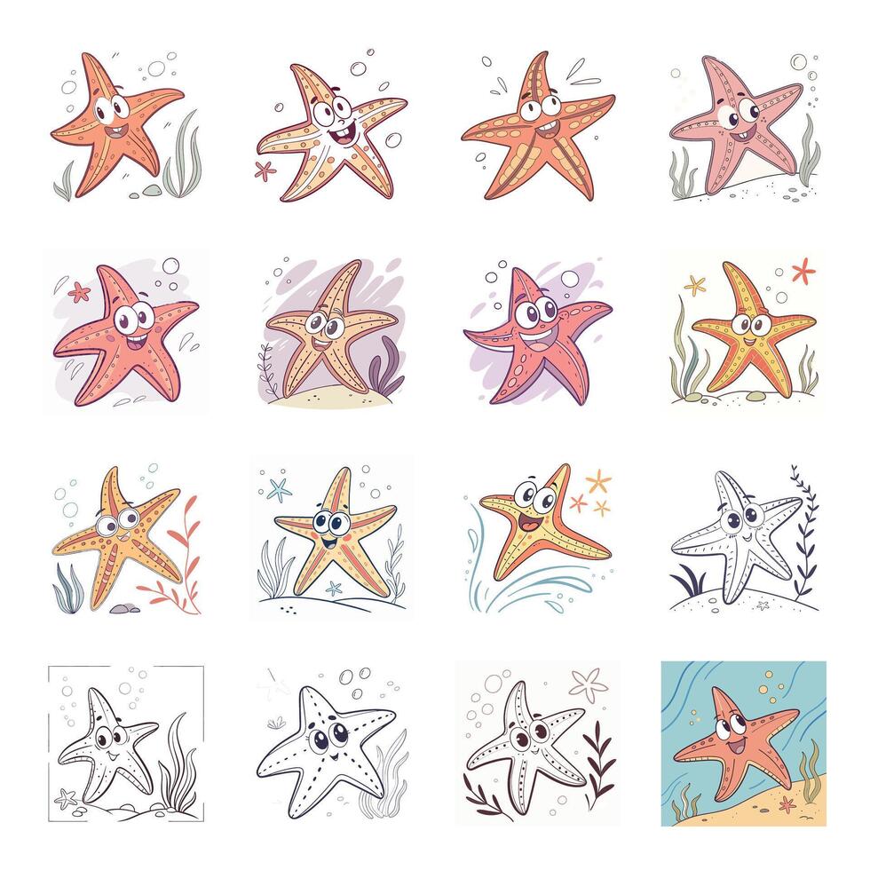 Set of cute cartoon starfish with different expressions vector