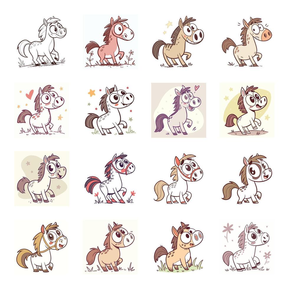 Set of cute horse with different expressions vector
