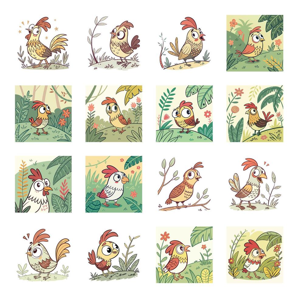 Set of cute cartoon chicken with different expressions vector