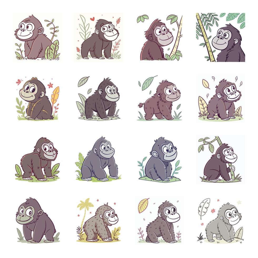 Set of cute gorilla with different expressions vector