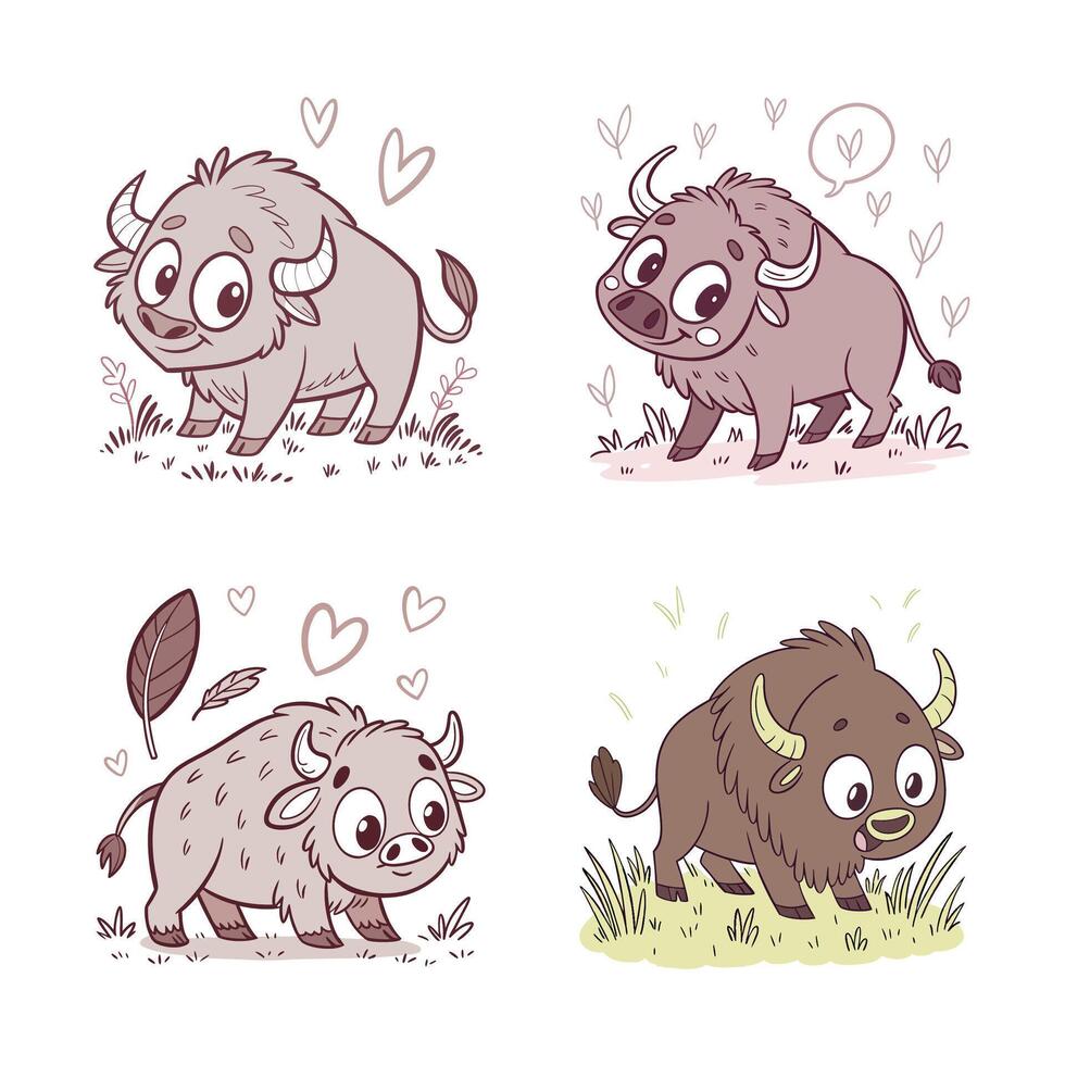 Set of cute buffalo animal with different expressions vector