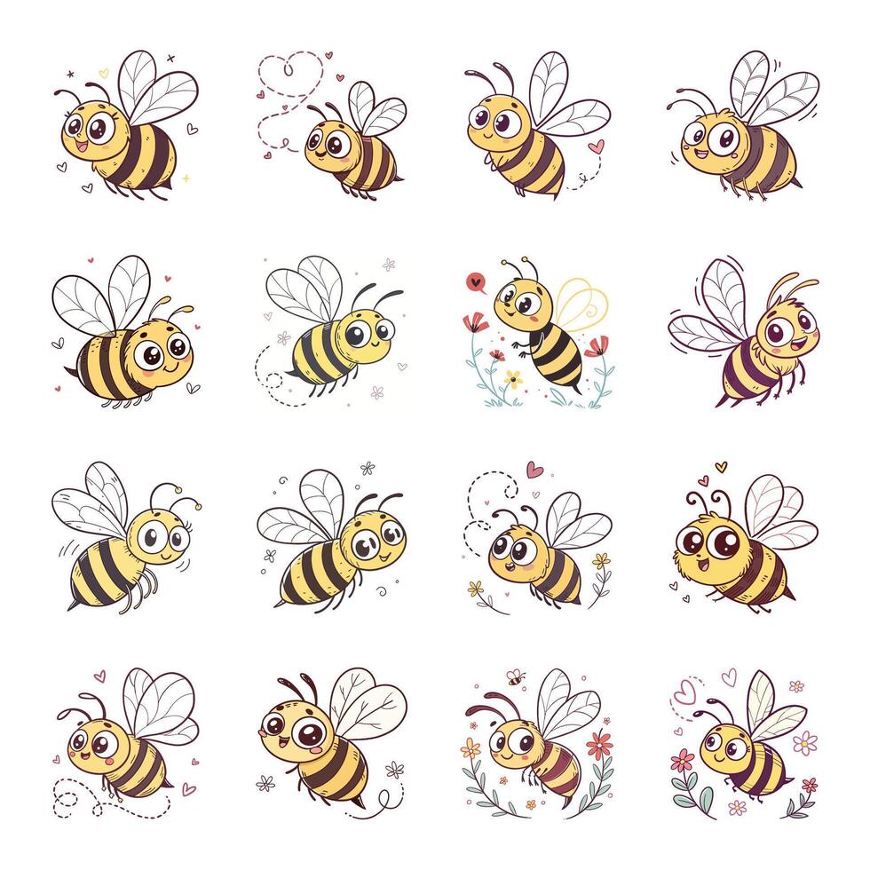Set of cute insect bee with different expressions vector