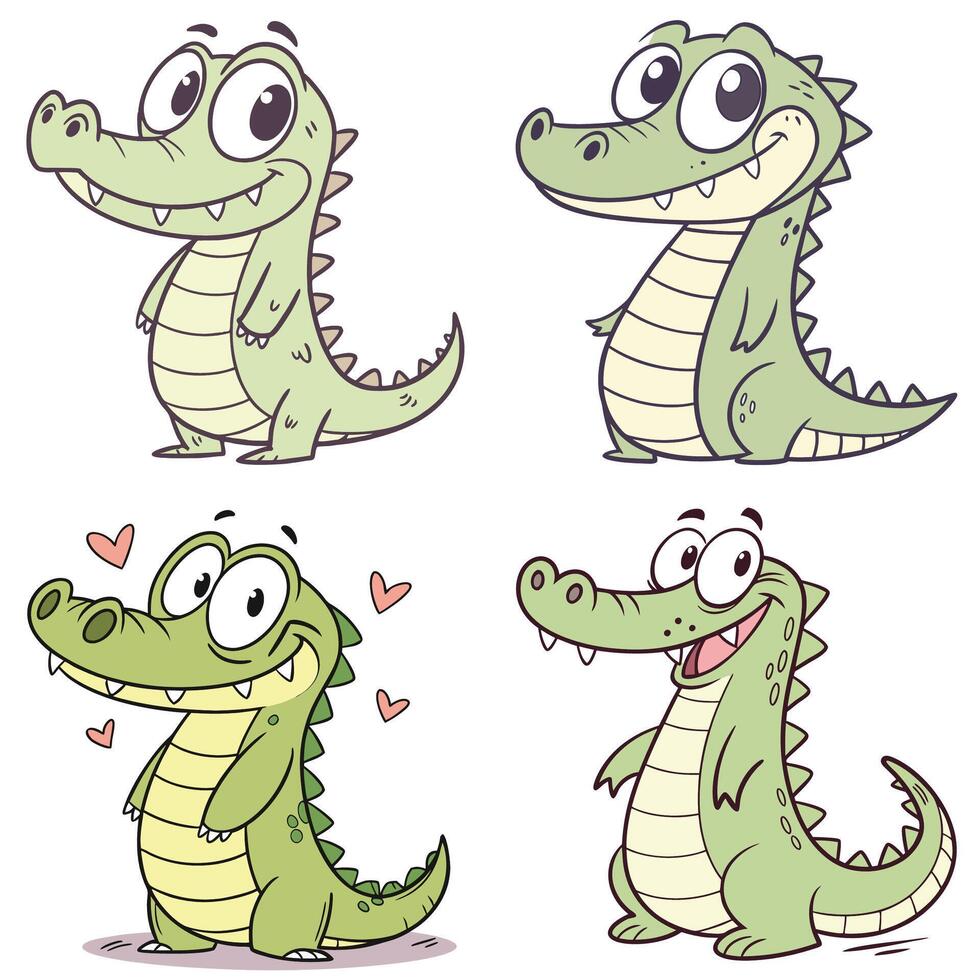 Set of cute cartoon crocodile with different expressions vector