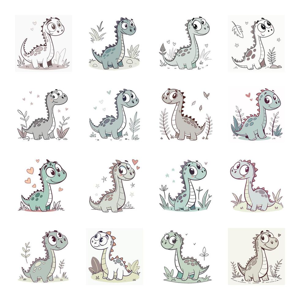 Set of cute dinosaur with different expressions vector