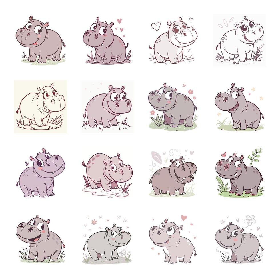 Cute hippopotamus cartoon mascot set vector