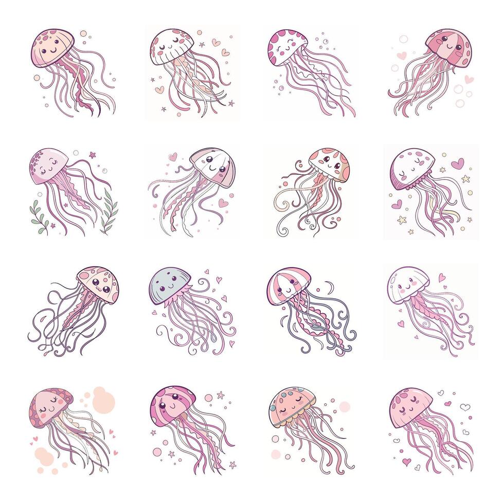 Set of cute cartoon jellyfish with different expressions vector