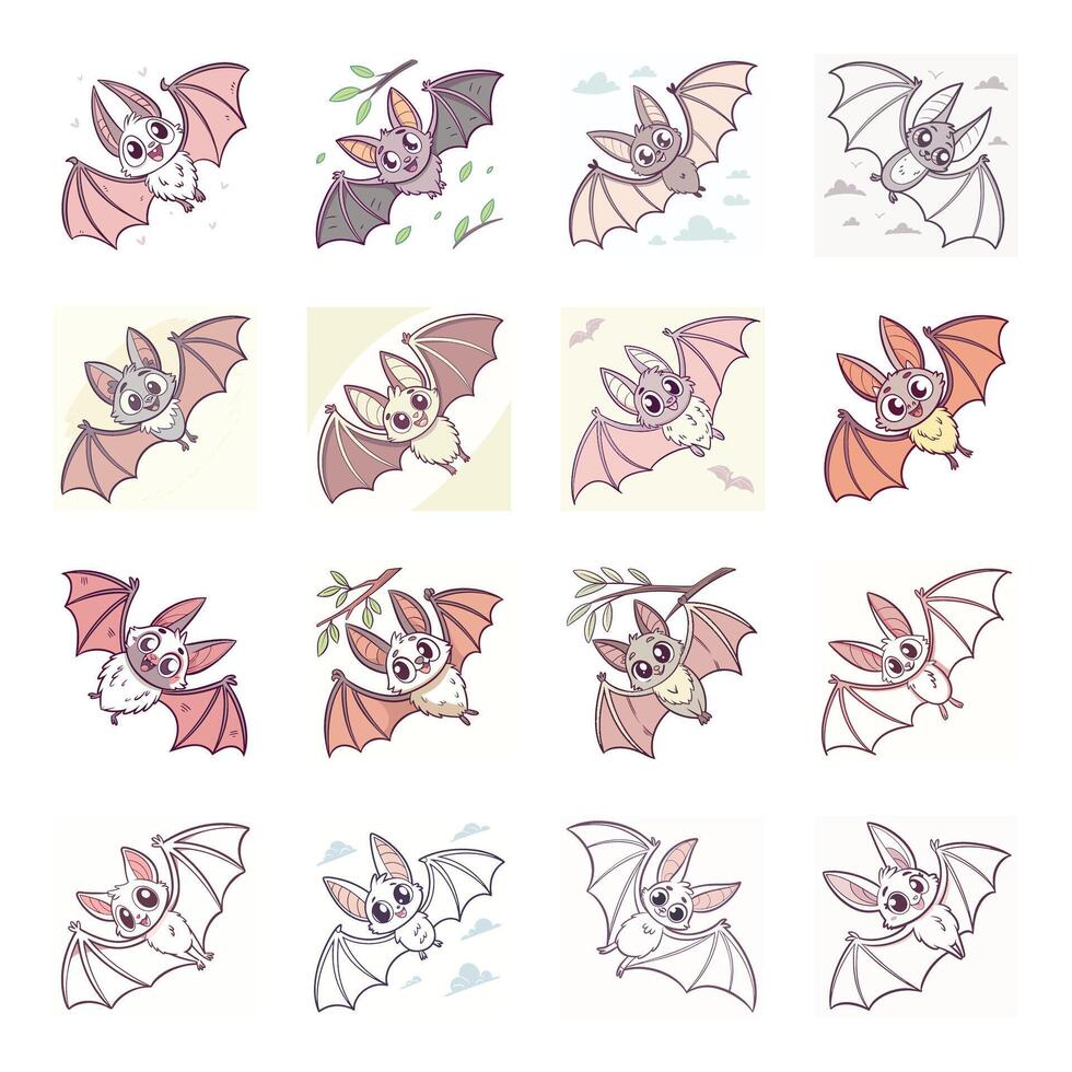 Set of cute cartoon bats animal with different expressions vector