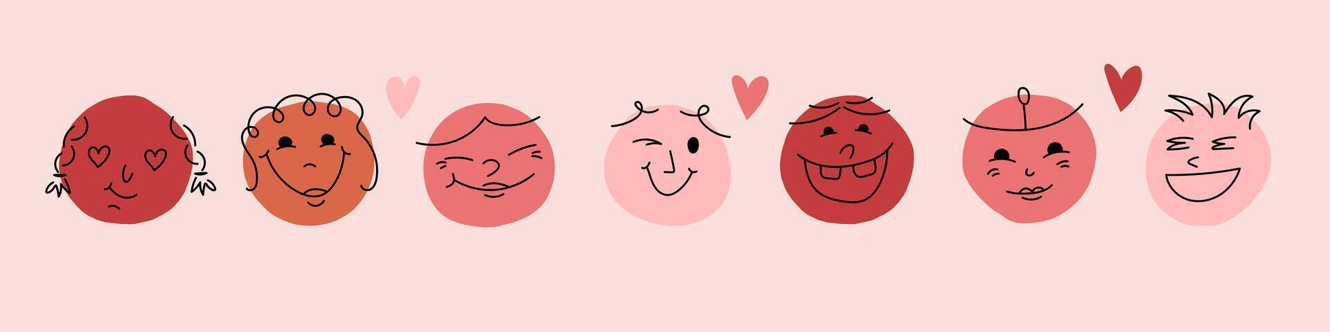 Love doodle face set. Round abstract comic faces with various emotions. Different colorful characters. Flat design. Groovy lovely funny faces stickers. Love concept. Happy Valentines day. . vector