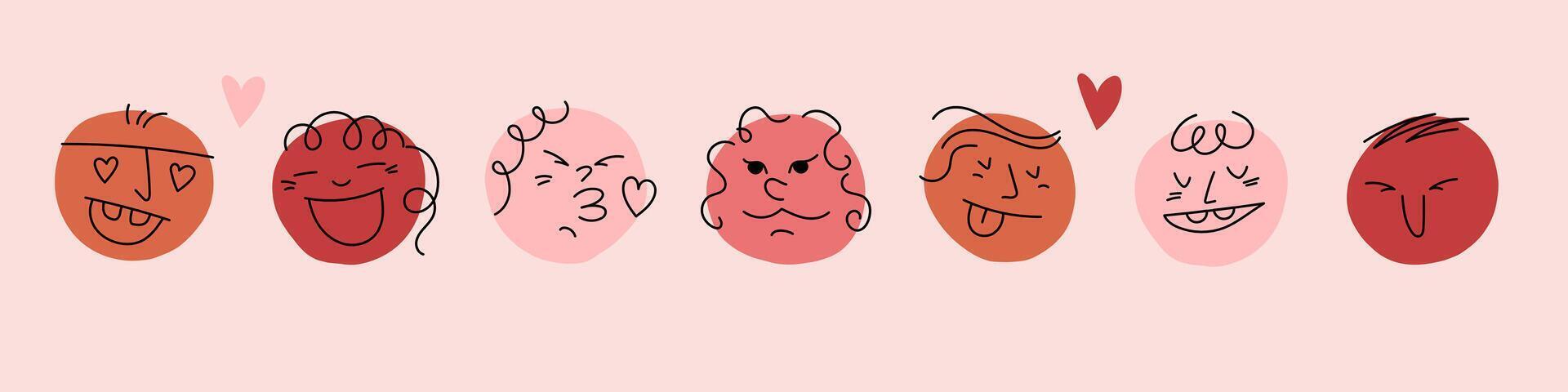 Doodle Emoji face icon set. Hand drawn sketch style. Emoji with different emotion mood, happy, sad, smile face. Comic art illustration. Happy valentines day concept vector