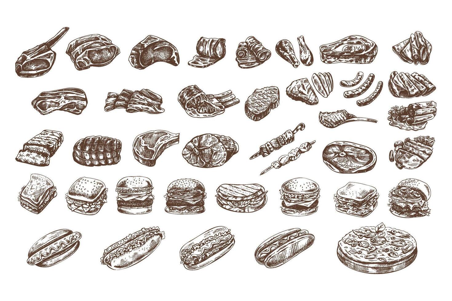 Set of monochrome sketches of different types of meat, steaks, chicken, kebabs, bacon, tenderloin, pork, beef, ham, barbecue, burgers, sandwiches, hot dogs, pizza. vector
