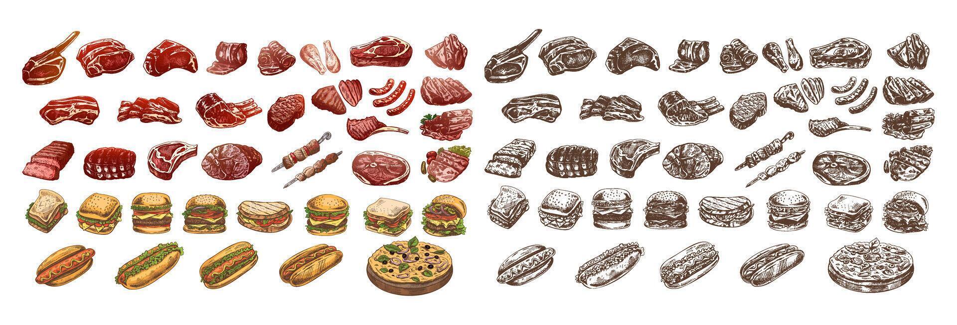 Set of hand-drawn sketches of different types of meat, steaks, chicken, kebabs, bacon, tenderloin, pork, beef, ham, barbecue, burgers, sandwiches, hot dogs, pizza. vector