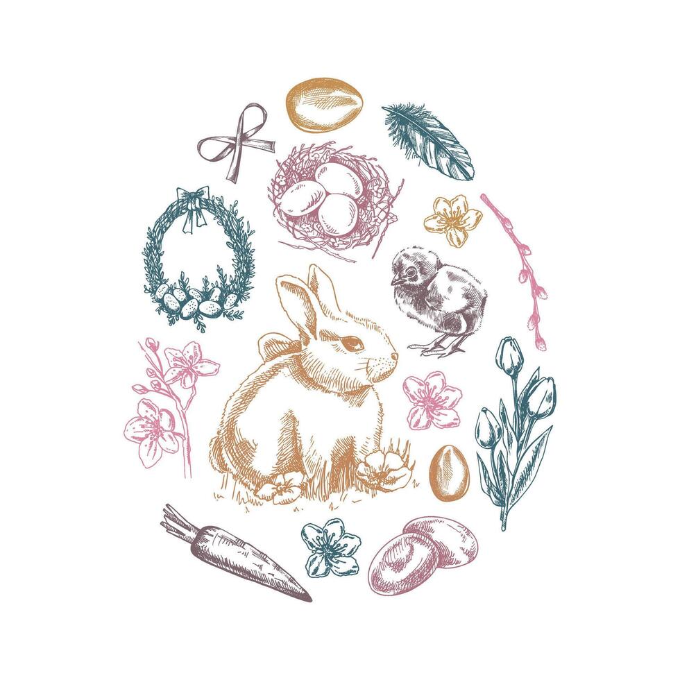 Easter elements grouped in egg shape with rabbit, chick, bow, willow, feathers, eggs, flowers, wreath, and nest vector