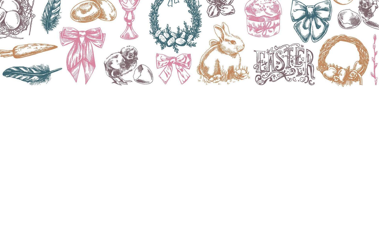 Easter decorative border with rabbit, chick, eggs, bow, willow, feathers, wreath, festive ornaments vector