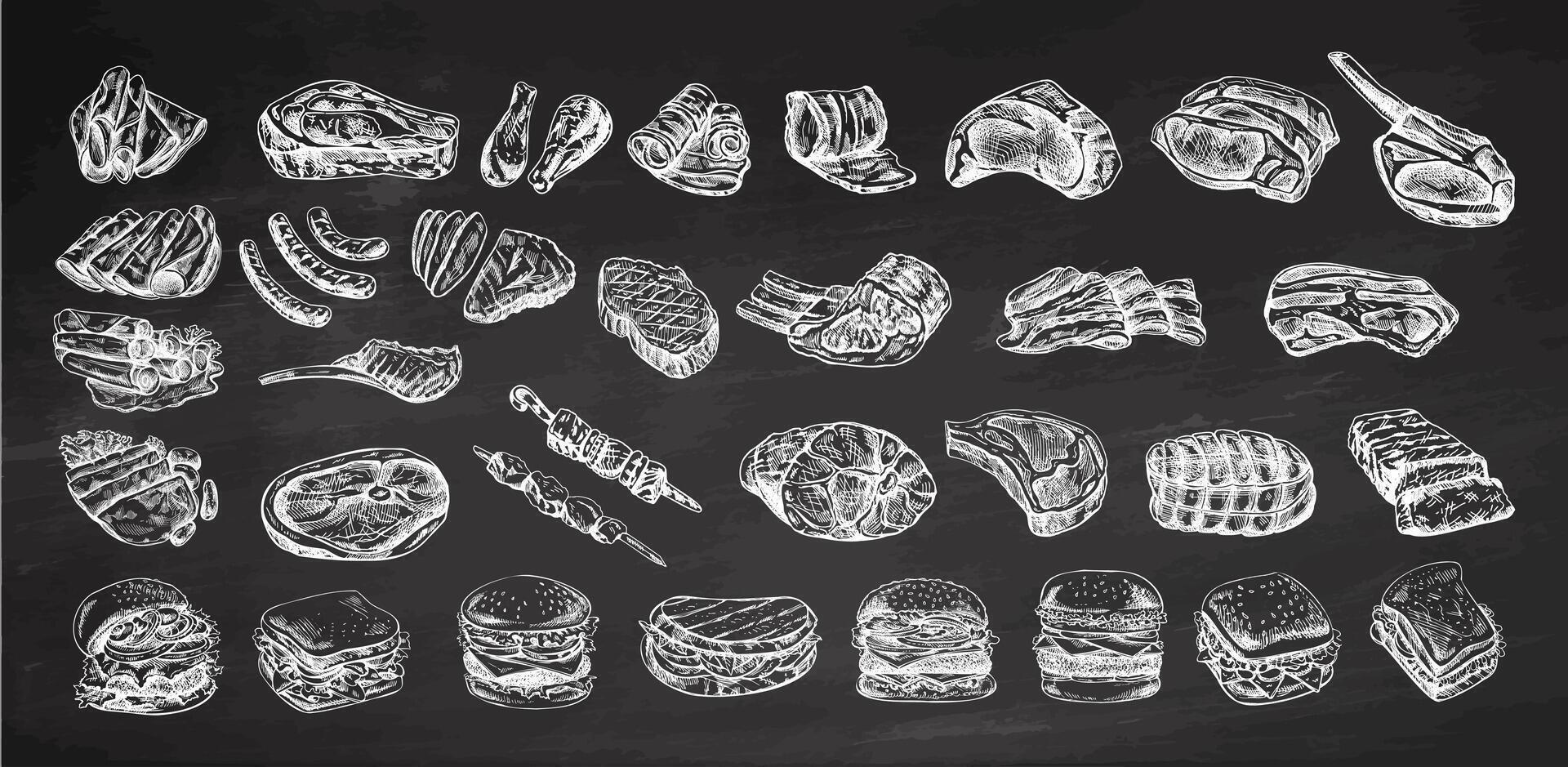 Hand-drawn monochrome sketches of different types of meat, steaks, chicken, kebabs, bacon, tenderloin, pork, beef, ham, barbecue, burgers, sandwiches on chalkboard background. vector