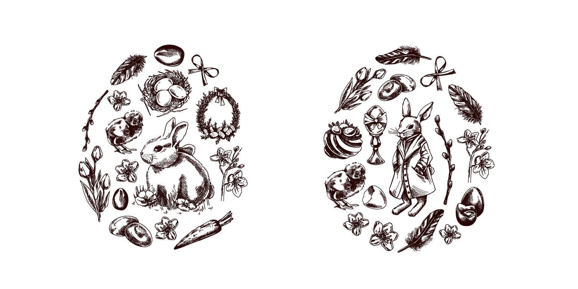 Vintage Easter elements in egg shape with bunny, chick, egg, bow, willow, and feathers vector