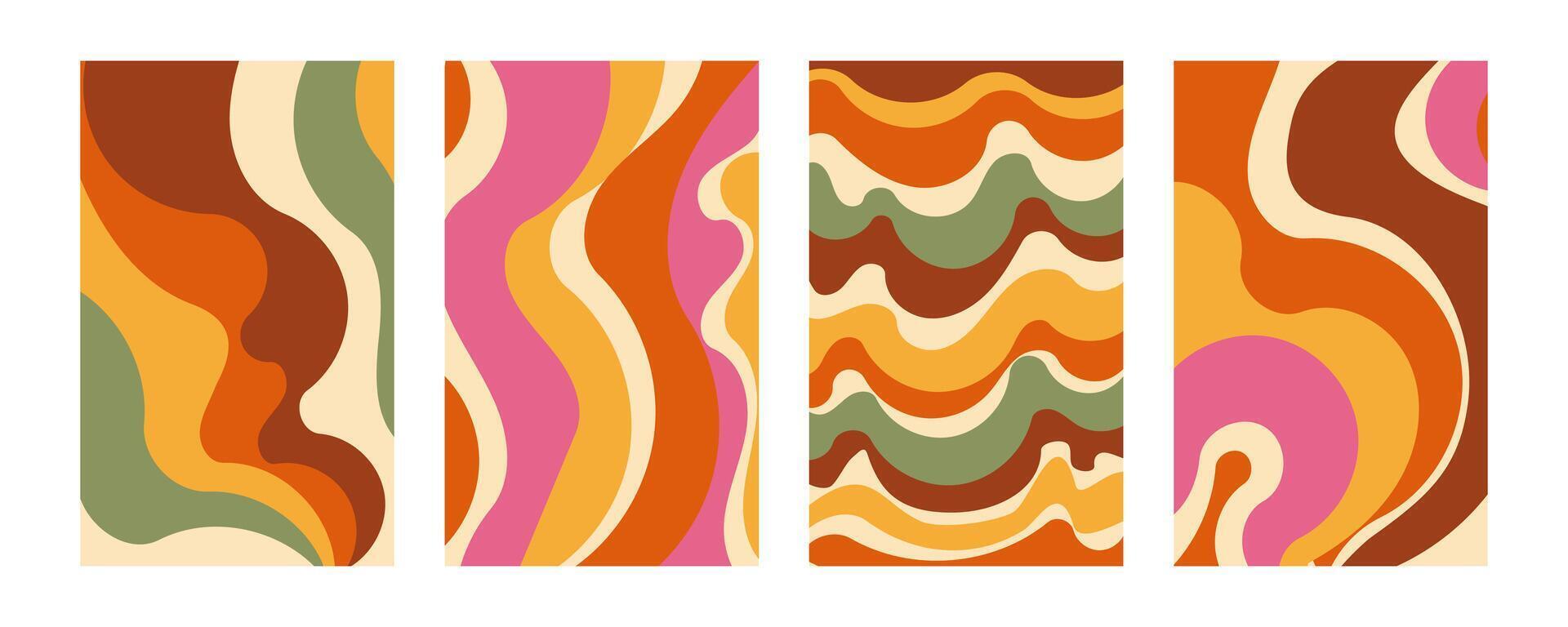 Groovy retro wave stripe set. Hand drawn groovy, hippie backgrounds. Distorted vertical stripes, warped streaks, fluid liquid wavy lines, doodle waves. Striped rectangle templates collection. vector