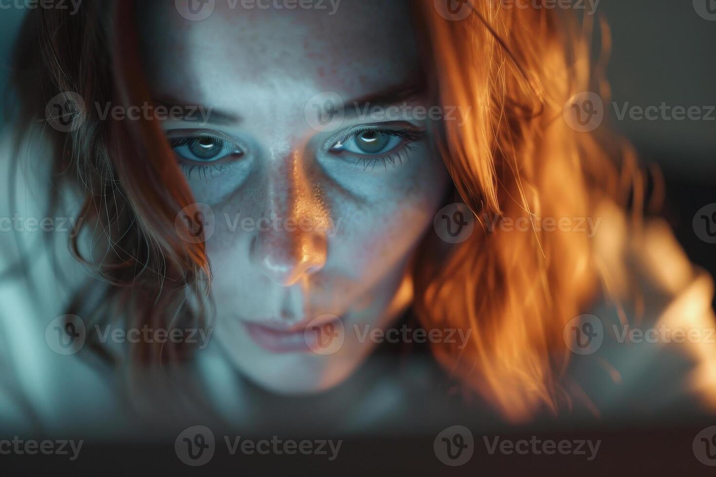 A woman looking at the camera while using a laptop photo