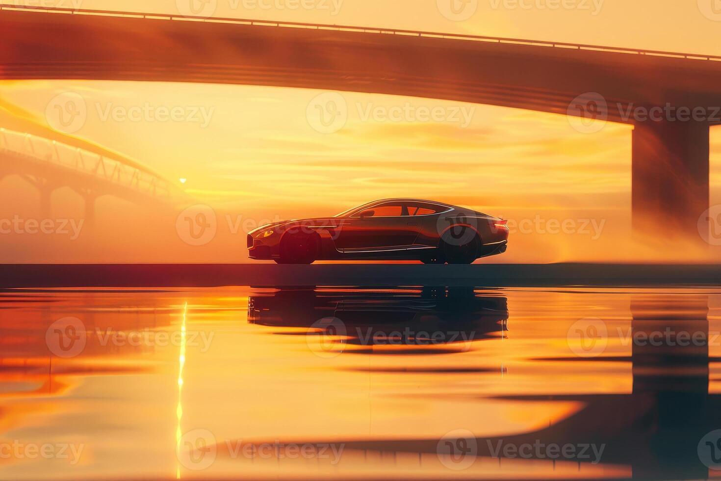 A car driving on the road in front of a bridge photo