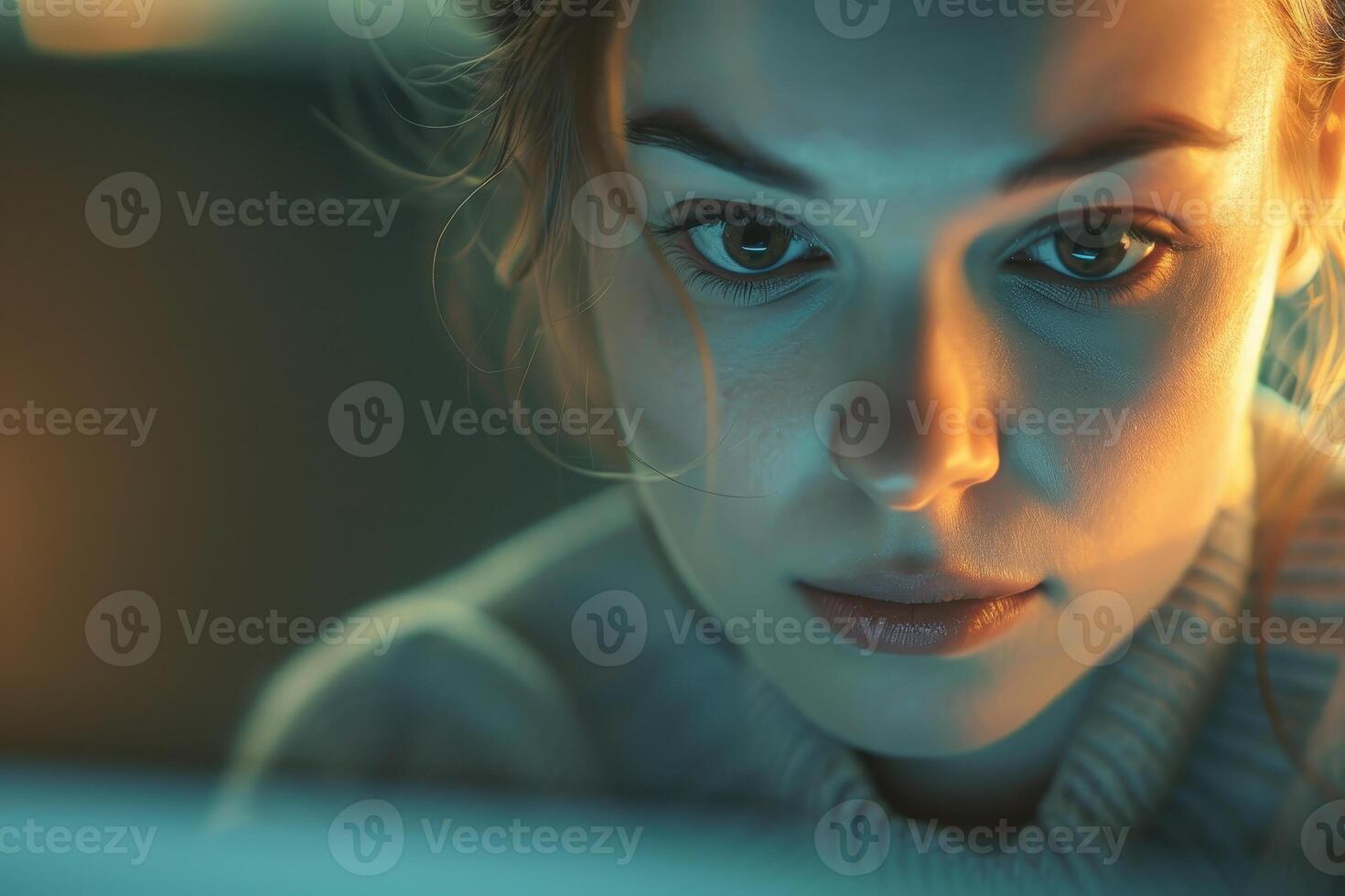 A woman looking at the camera while using a computer photo