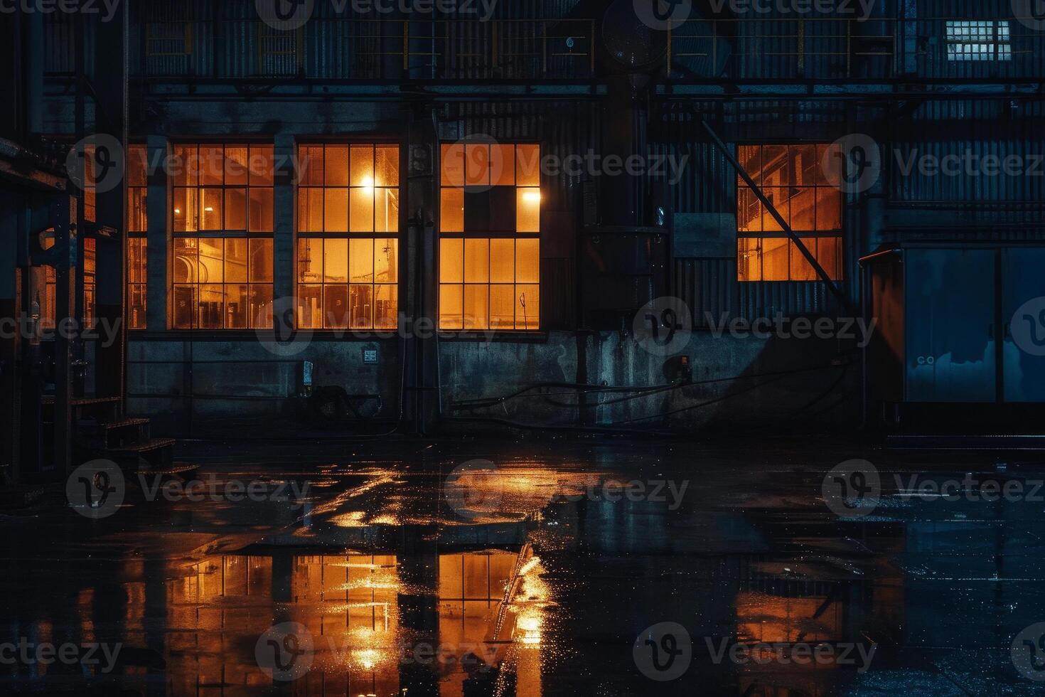 An empty warehouse at night with lights on photo